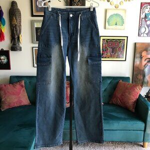 Blue Stretch Denim High Rise Drawstring Wide Leg Cargo Jeans size L NWT NEW
